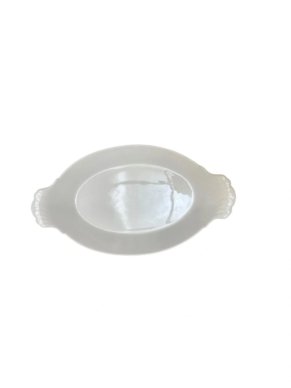 Vintage French Ironstone Serving Bowl White Oval Shell Handles Farmhouse